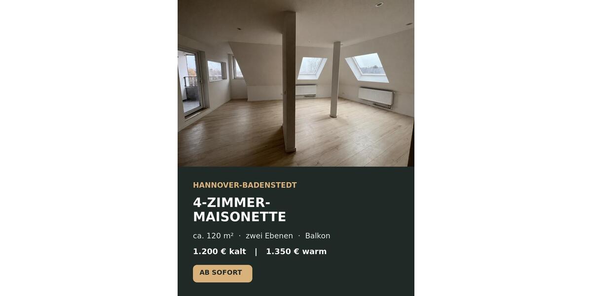 Dachgeschoßwohnung Hannover Ahlem-Badenstedt-Davenstedt - 4 Zimmer, 120 m&sup2;, 1.350&euro; | Angebot:27598641