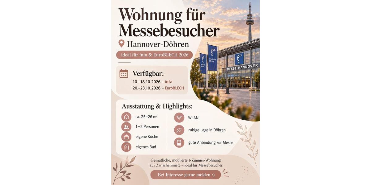 Erdgeschoßwohnung Hannover Döhren-Wülfel - 1 Zimmer, 23 m&sup2;, 500&euro; | Angebot:27583610